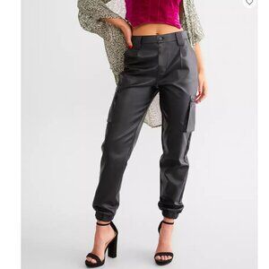 Size 11 KanCan Black High Rise Faux Leather Cargo Joggers (ABBA)